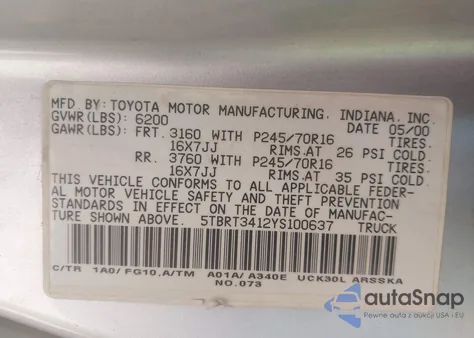 2000 Toyota Tundra Sr5 V8 из США, поврежденный, VIN 5TBRT3412YS100637